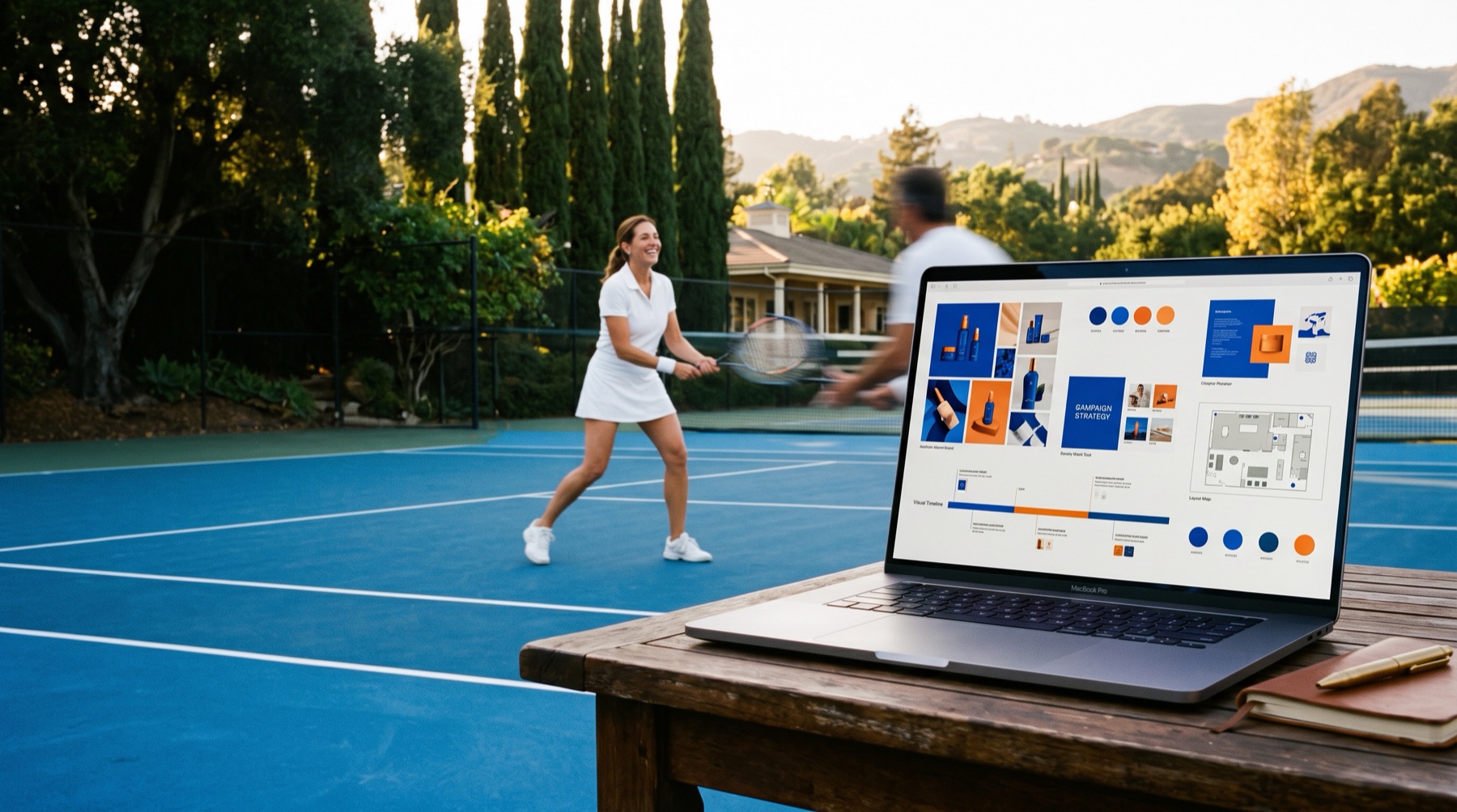 A founder enjoys a tennis match while creative work takes shape on a courtside laptop